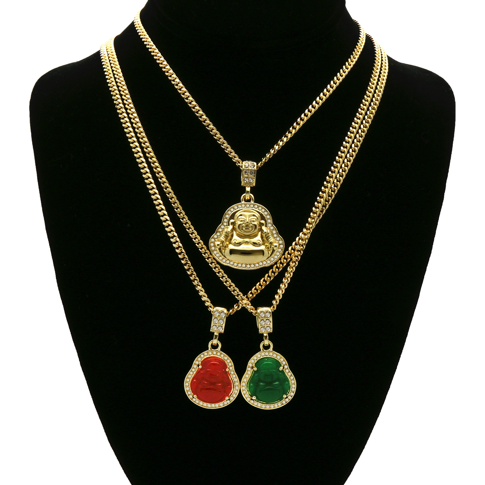 14k Gold Plated G, R Buddha 3 Pendant Cubic-Zirconia 30 30 24 Cuban Chain