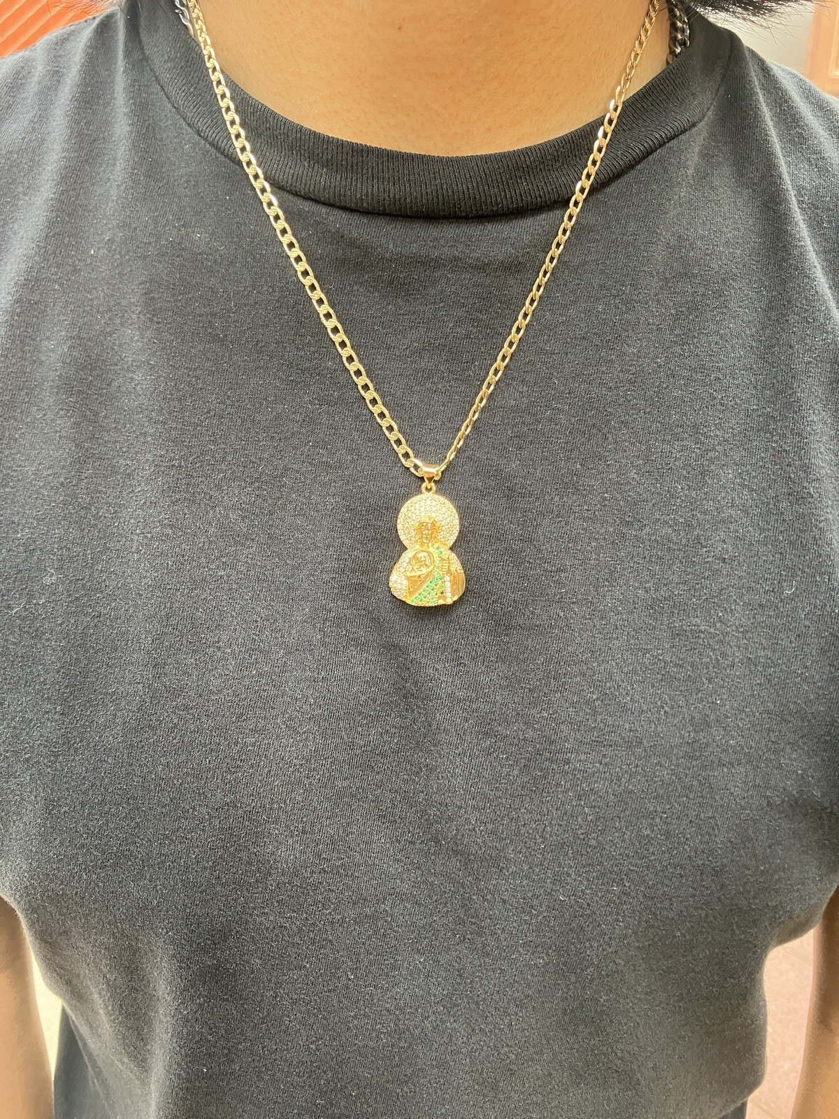 Gold Tone Curb Link Chain Necklace Saint Jude San Judas Rhinestone