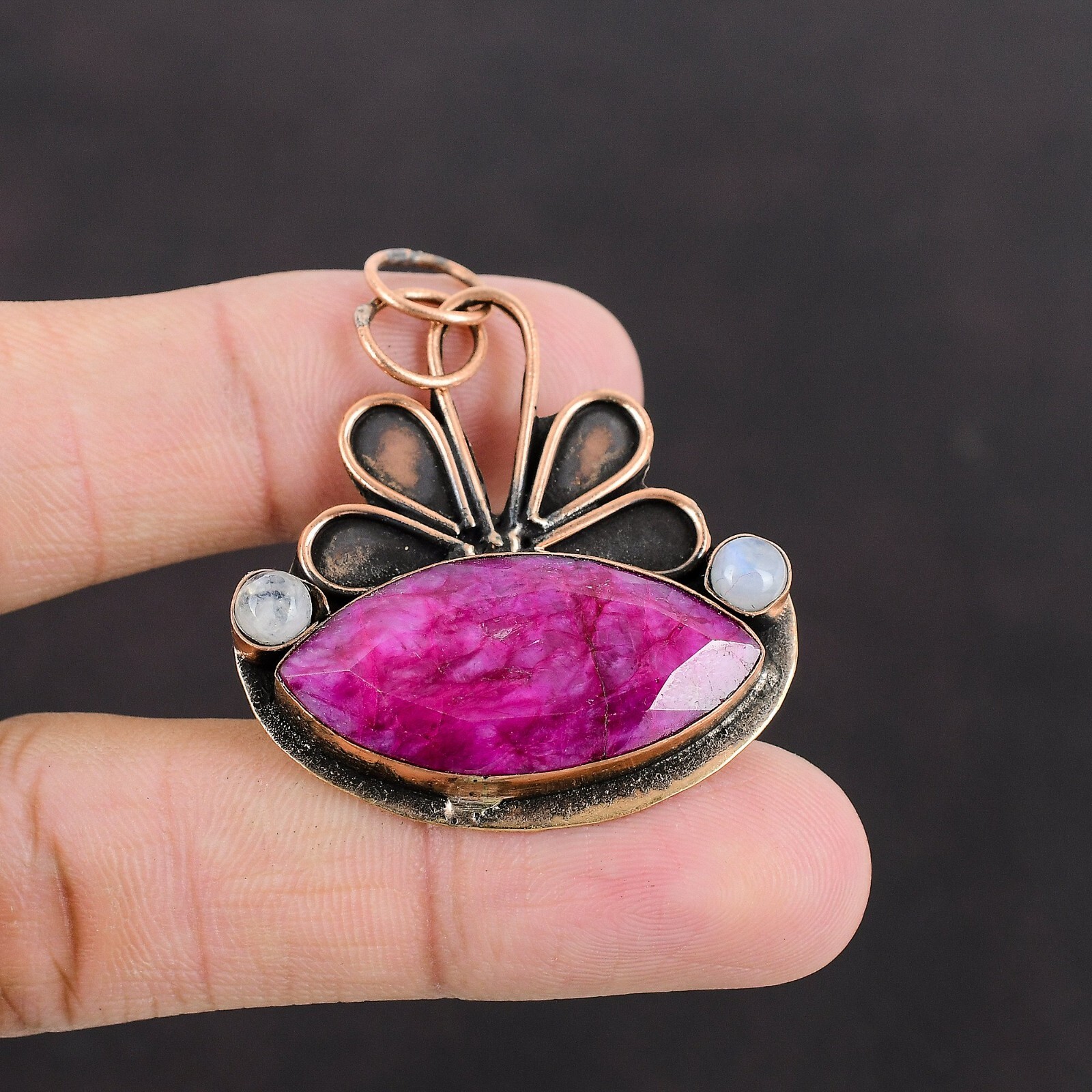 Mothers day Deal Kashmir Rubi Gemstone Rainbow Moonstone Bezel Pendant Copper