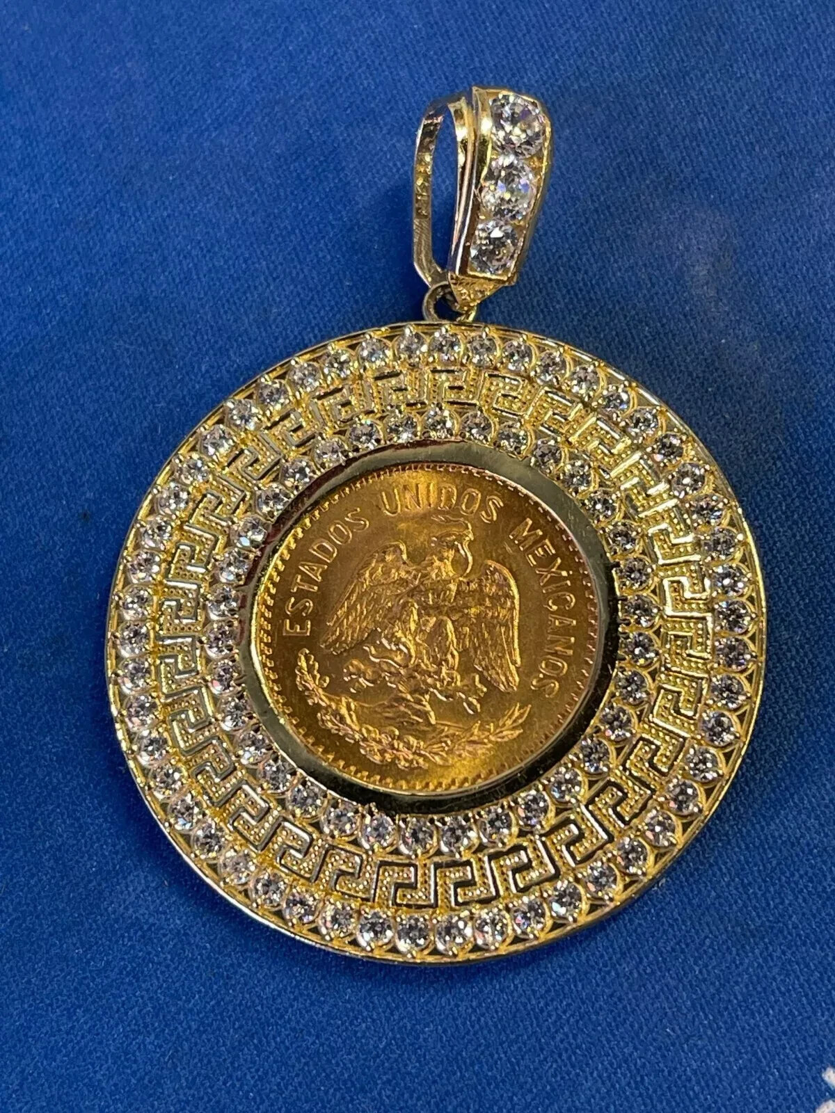 For 10 Peso Coin 11.5g 14k Yellow Gold Bezel Greek Key Bizel Moneda Cubic Zarcon