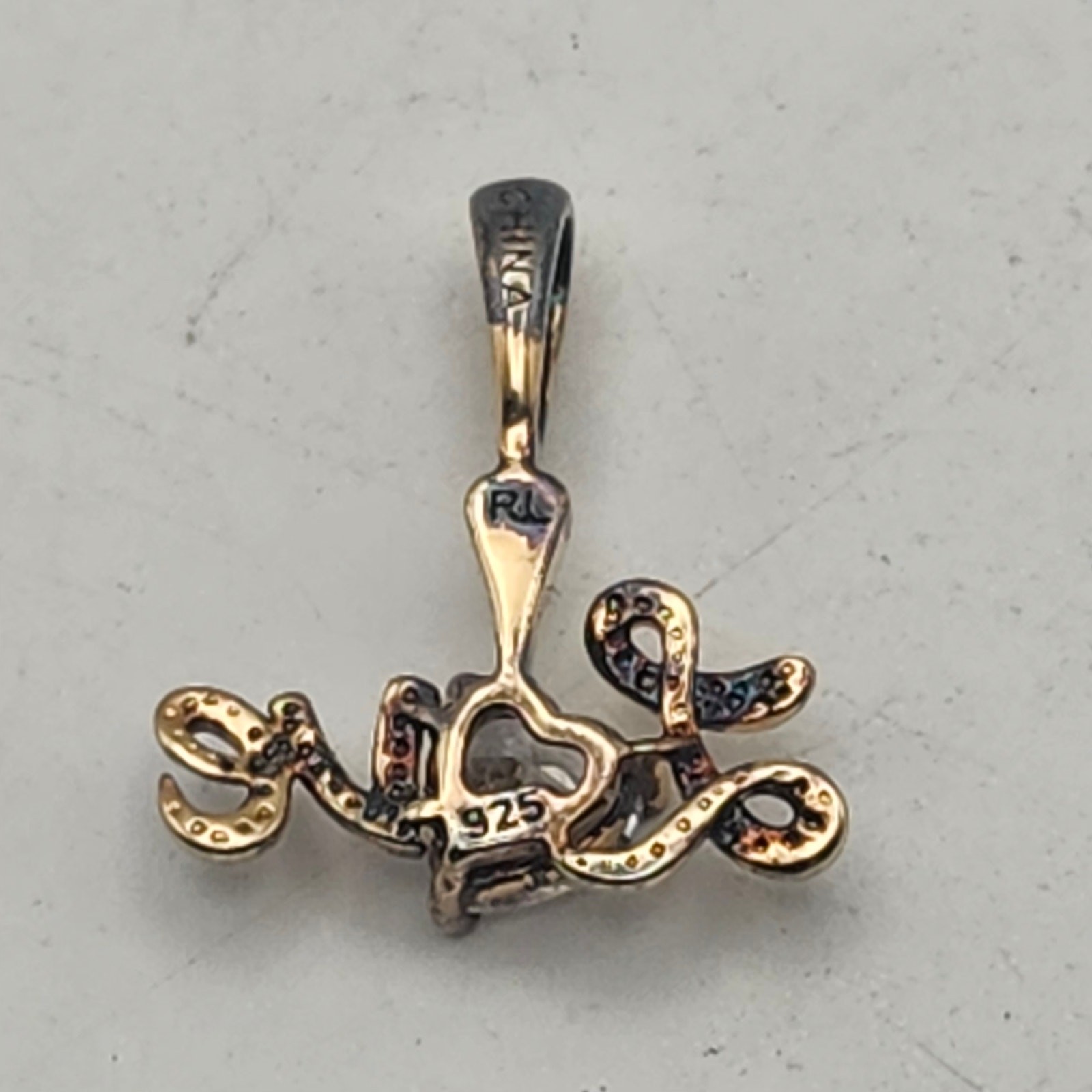 925 Sterling Silver Love Pendant Heart Trillion CZ Script Charm Marked RL 1/2″