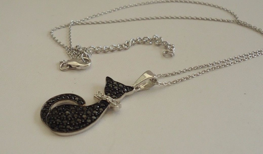 925 STERLING SILVER BLACK CAT NECKLACE PENDANT W/ 2.50 CT ACCENTS/18”