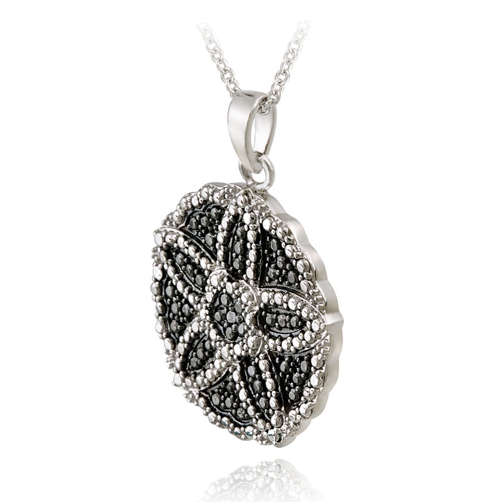 Black Diamond Accent Flower Circle Necklace, 18″ Fine Silver Plate