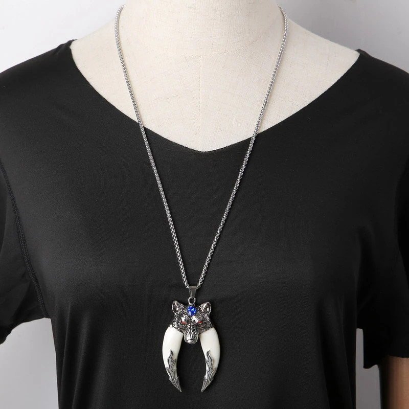 Men’s Fashion Jewelry Silver Wolf Tooth Ivory Pendant Necklace 455