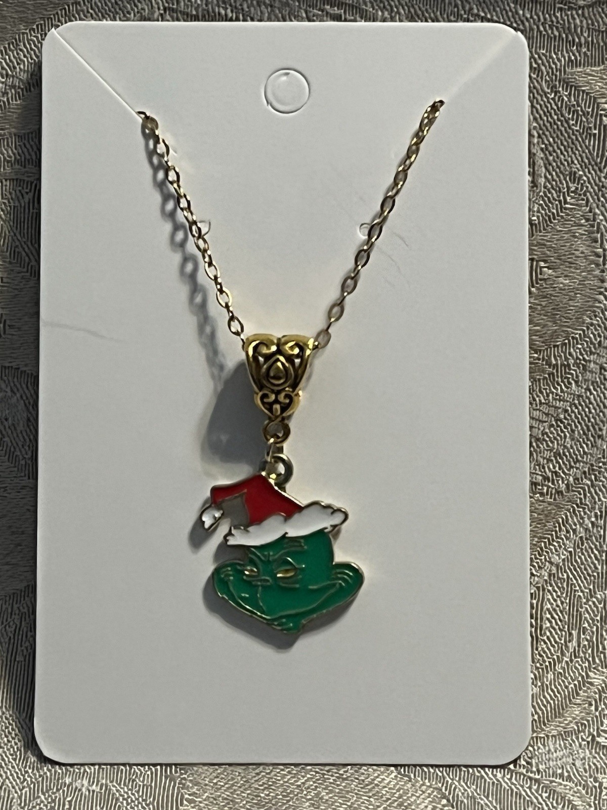 Grinch Christmas Holiday Gold Enamel Charm Adorable Boho Trendy Necklace 18”