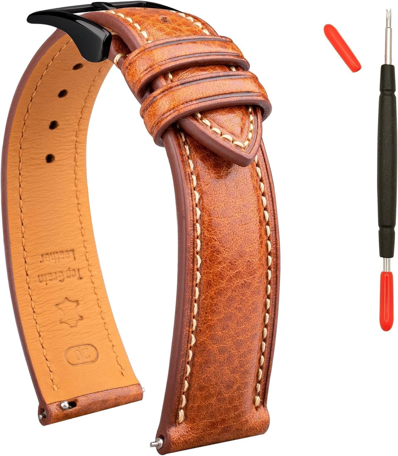 Watch Band Italian Leather Strap 18mm Cognac Silver Buckle Gomvadr Tuscany 18mm