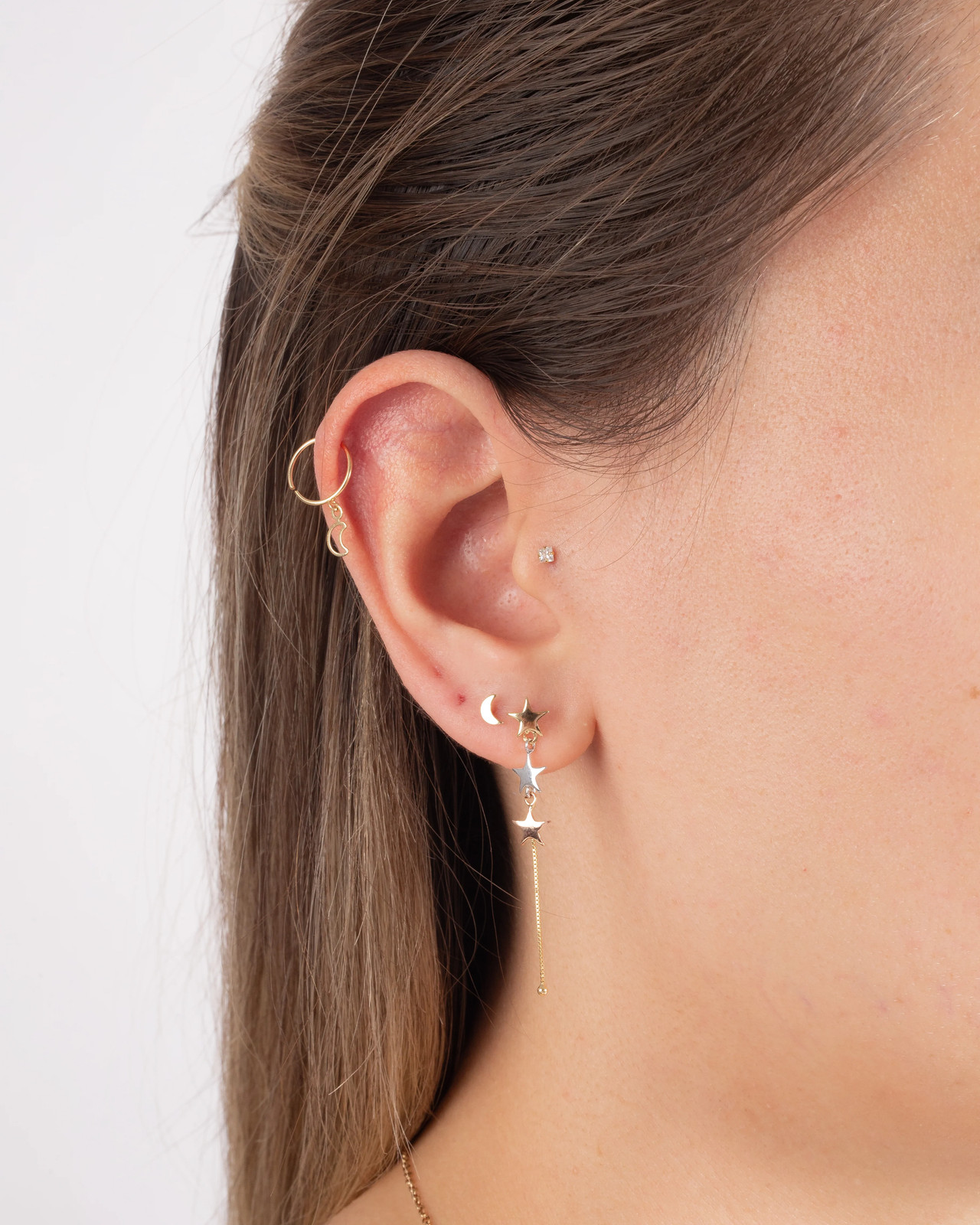 18k Yellow Gold Drop Dangle Moon Cartilage Hoop Ring Ear Piercing