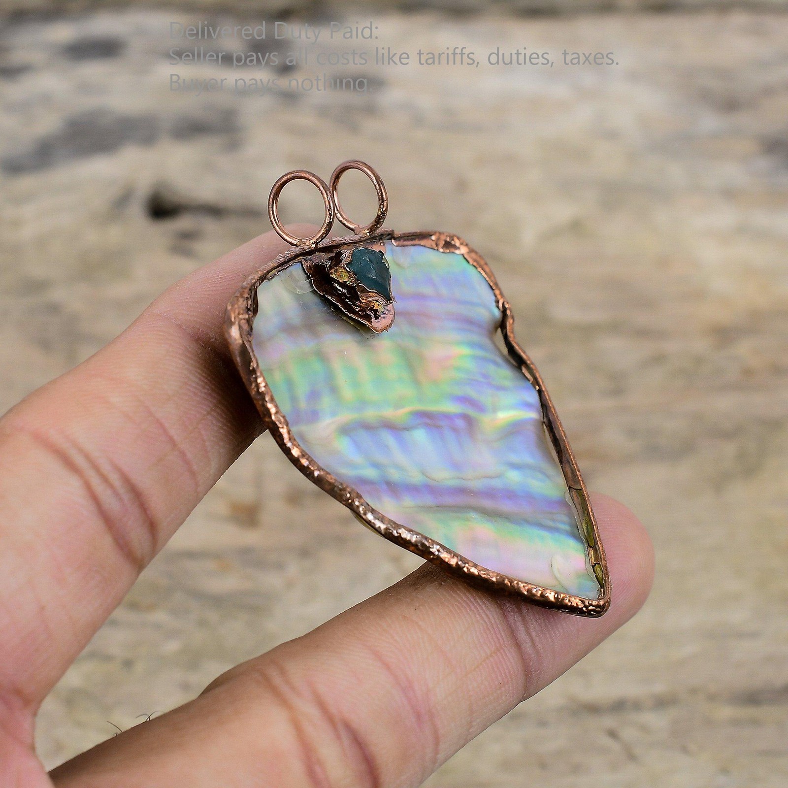 Trillion Abalone Shell Rough Stone Copper Daughter Electroformed Wedding Pendant