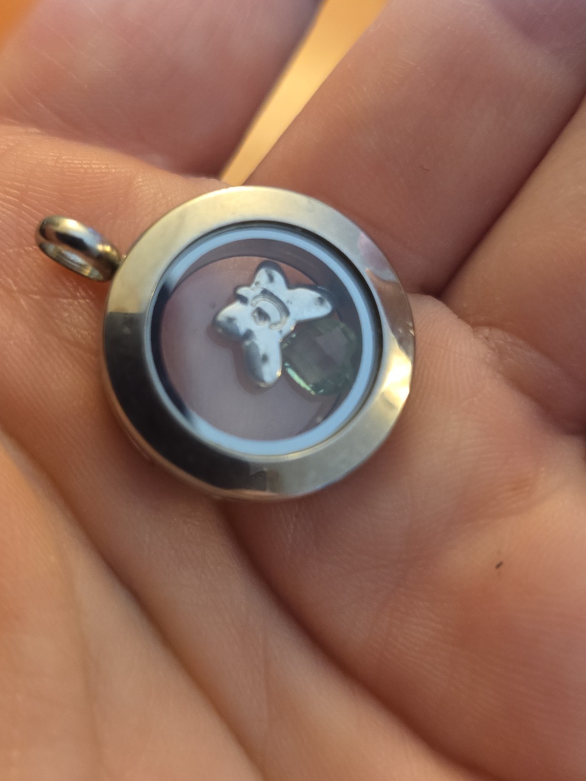 Origami Owl Locket Silver Modern Hinged Rhinestone Butterfly Charm Green Heart