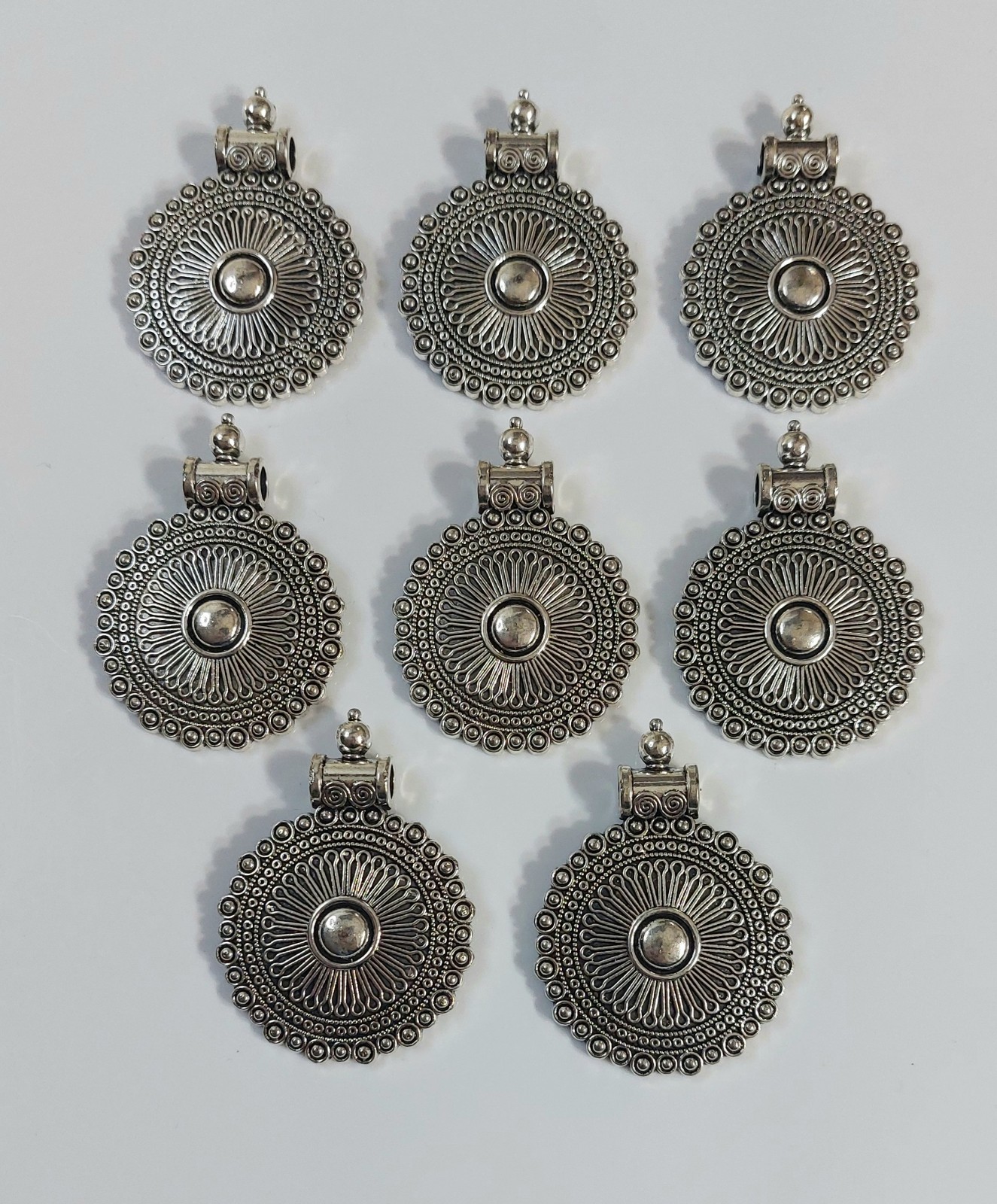 Boho Silver Tone Round Pendant Charms – Set of 8