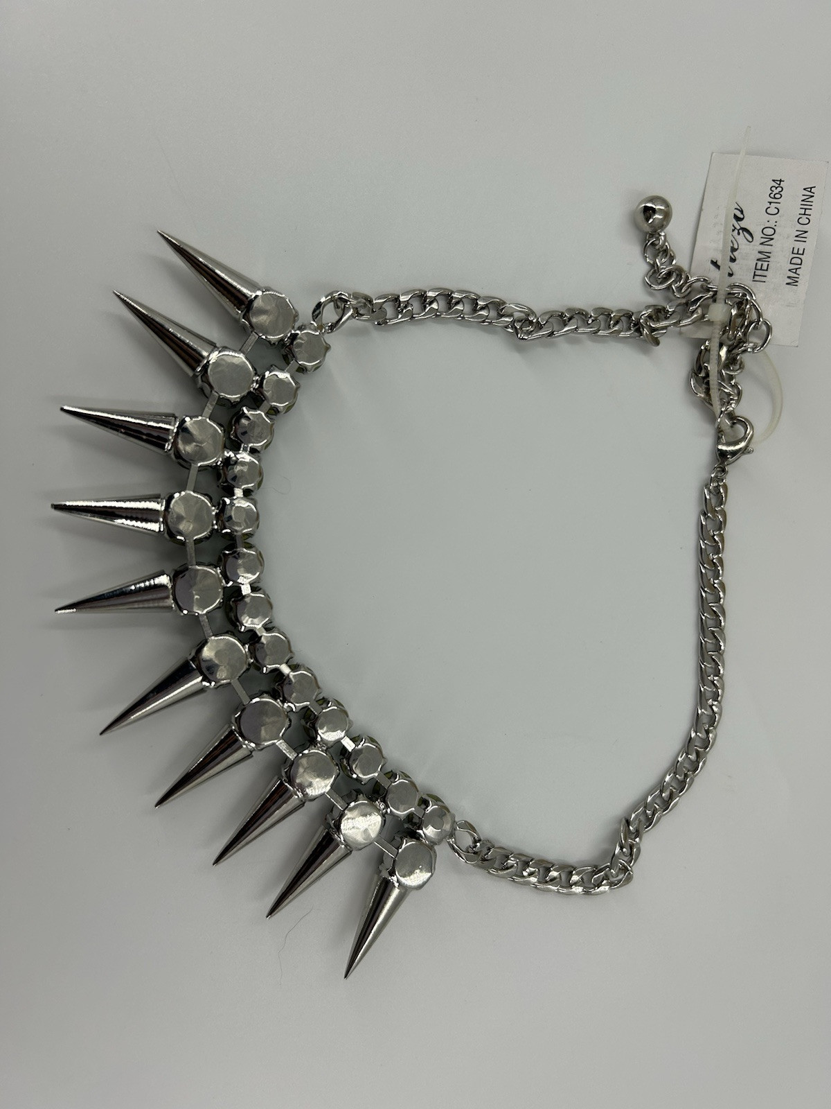 New TREZO Choker Bib Necklace Womens Silver Tone Spikes Rhinestones 17-20 Inch