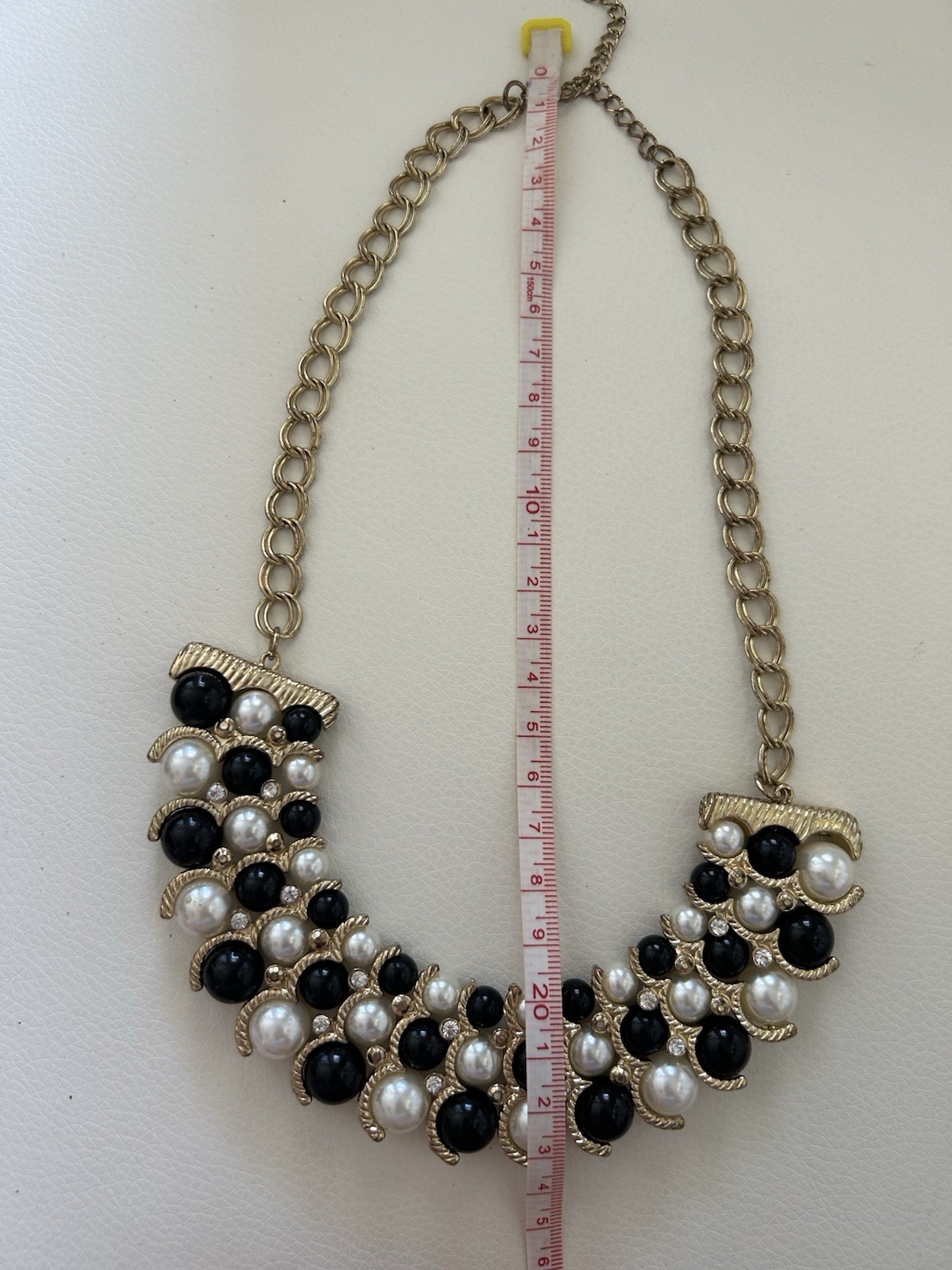 Statement Bib Necklace Gold Tone Cable Chain Black White Faux Pearls Cluster