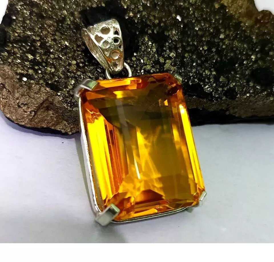 Natural Emerald Cut Yellow Citrine 94 Ct 925 Solid Sterling Silver Pendant Gem