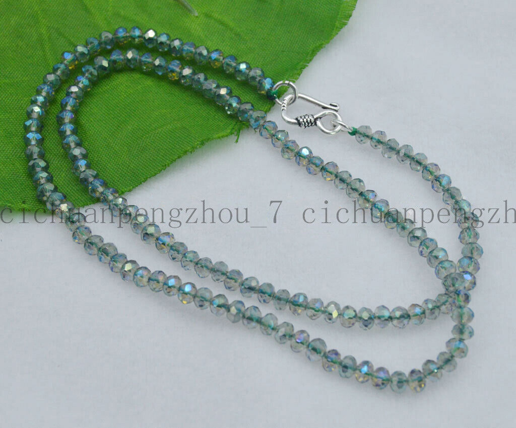 3x4mm Green AB Crystal Faceted Rondelle Gems Beads Necklace Silver Clasp 14-48”