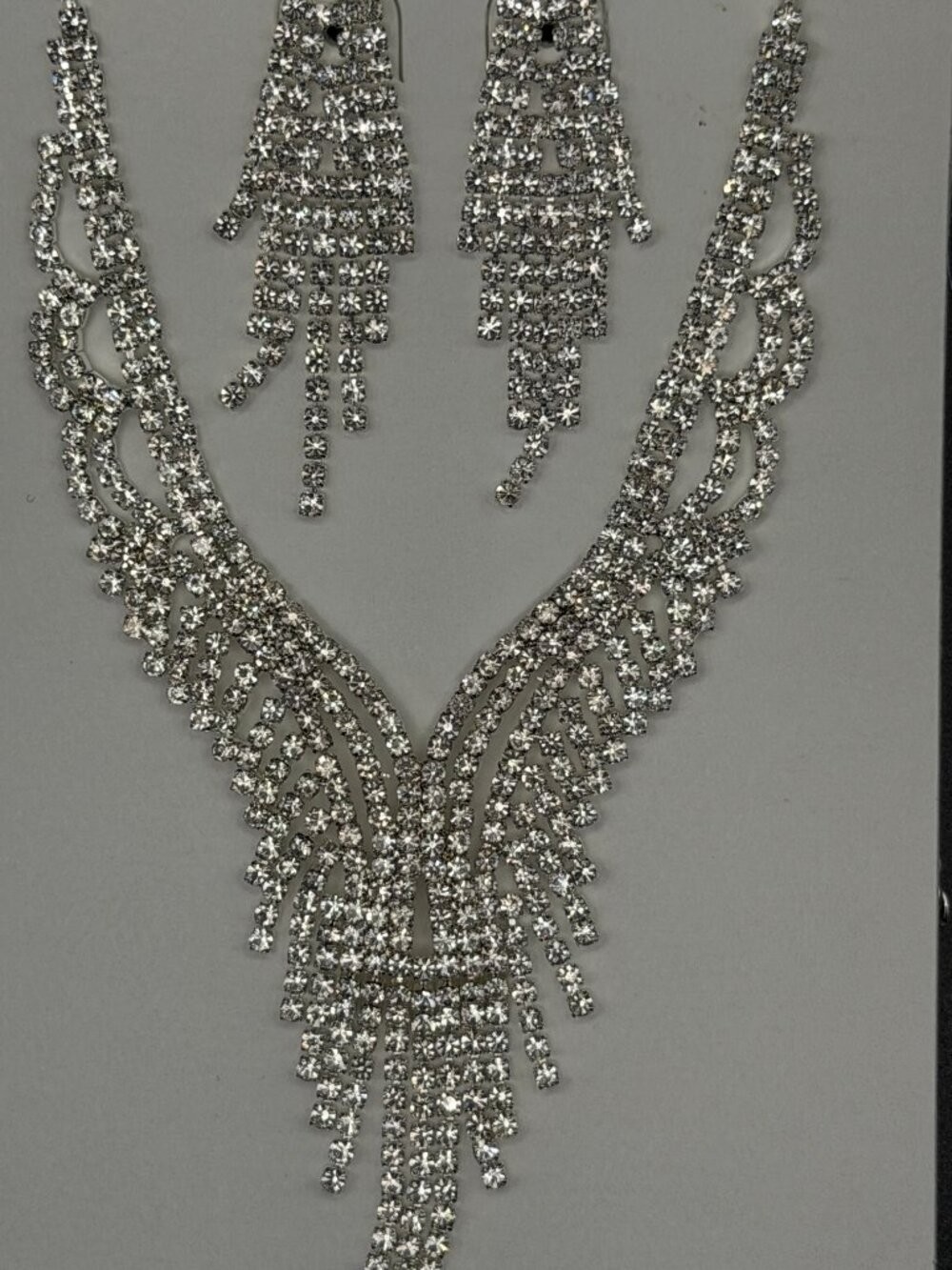 Christina Collection Silver Tone Rhinestone Fringe Statement Necklace & Earrings