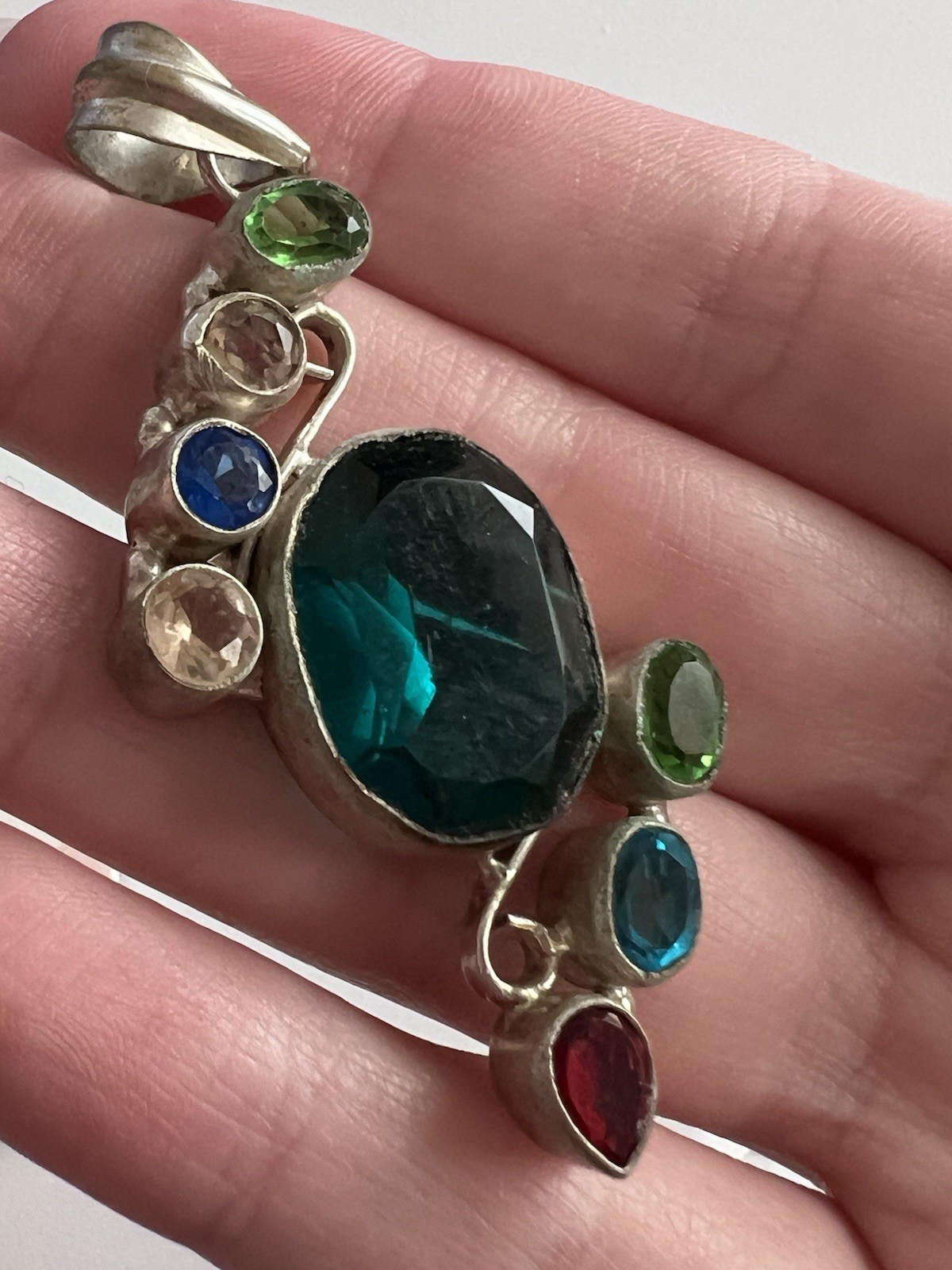 Vintage Silver Tone Oval Blue Stone Rhinestone Bezel Pendant Charm Multi-Color