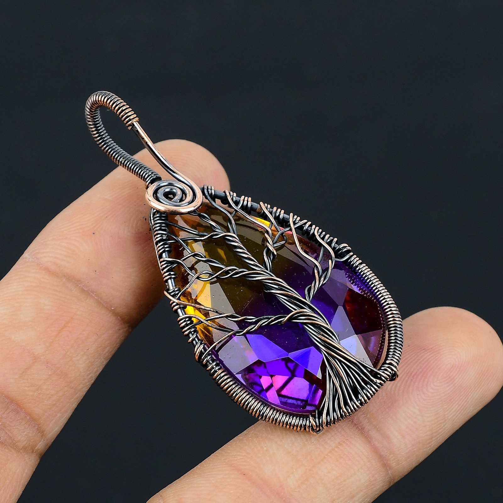 Bi Color Tourmaline Gemstone Copper Wire Wrap Jewely Pendant 2.4″ B427