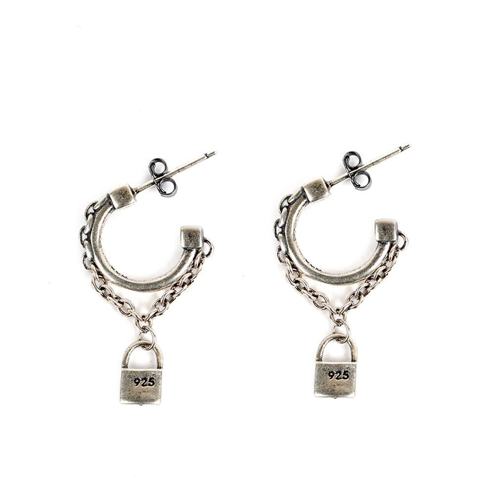 C-shape Small Hoop w/ Chain Lock Drop Post Earrings Gothic 925 Sterling Silver