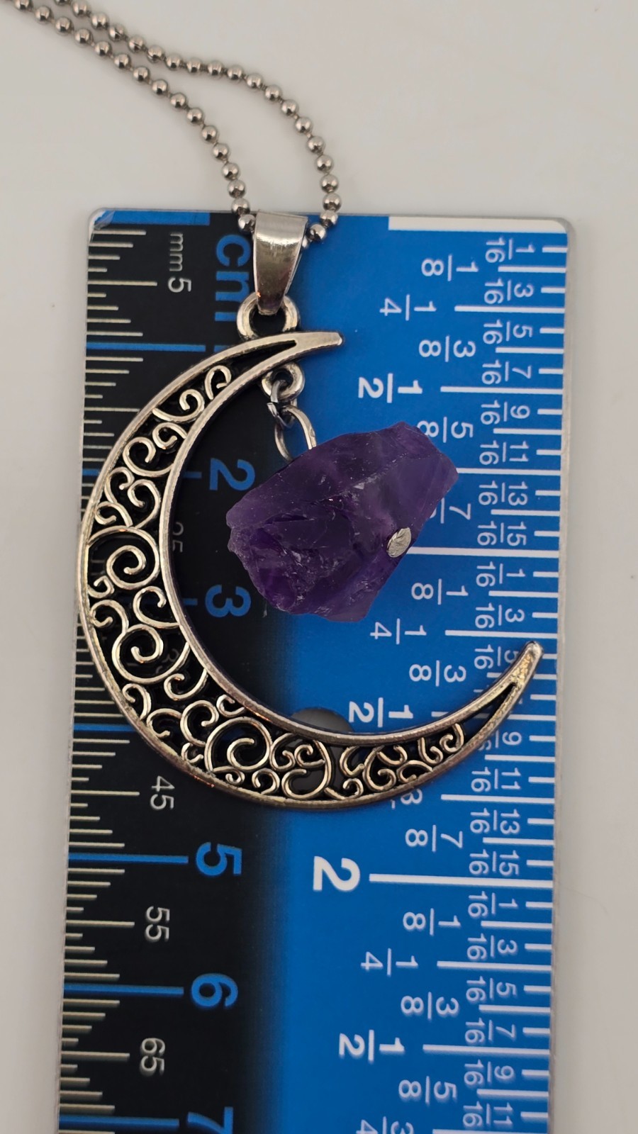 Crescent Moon Necklace with raw amethyst stone dangle, Silver Tone Crescent Moon