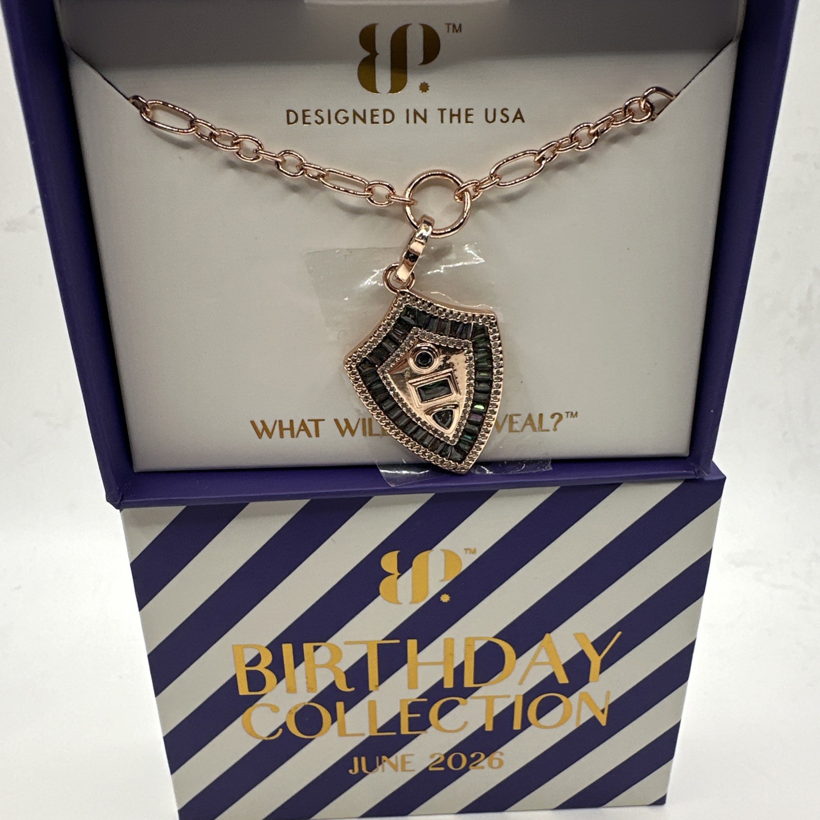 Bomb party June 2026 necklace “The Arabella Shield” LC Alexandrite RG plating