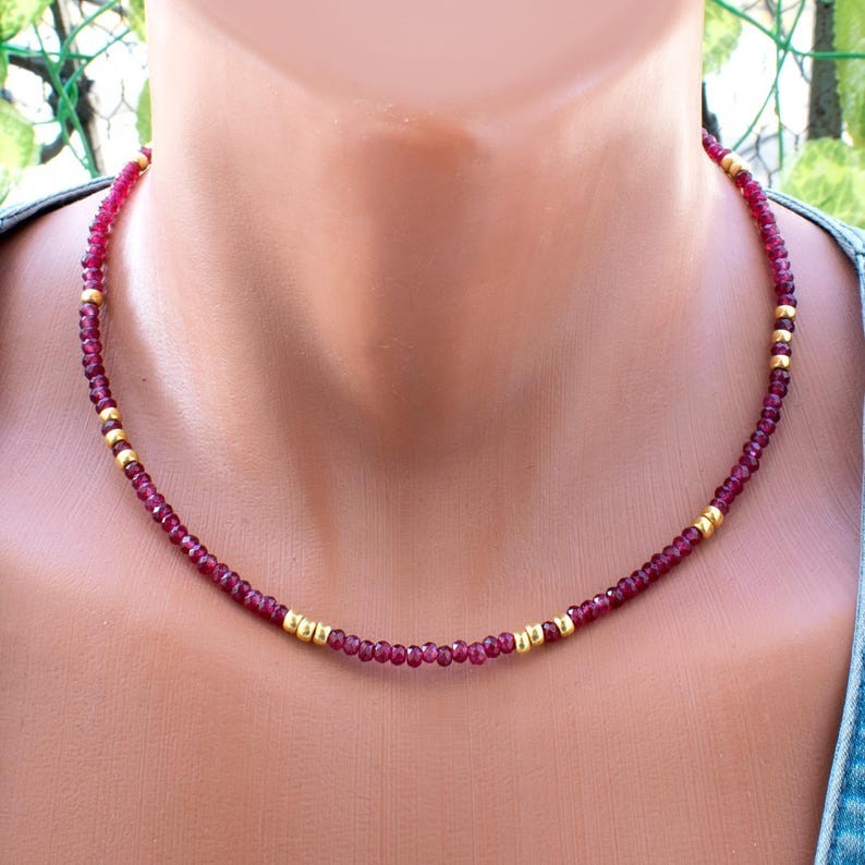 Pink Ruby Quartz Faceted Rondelle Gemstone Gold Filled Beads Women Necklace 18”