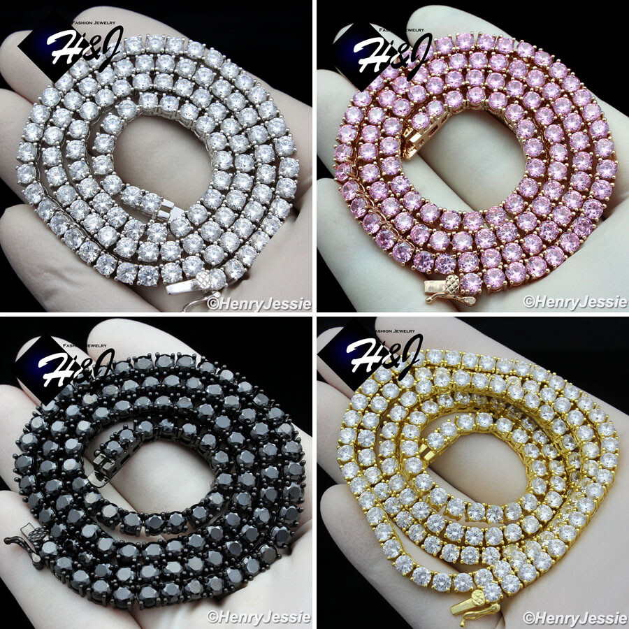 MEN 14K WHITE GOLD/BLACK PLATED ICY BLING CZ 4MM 1 ROW TENNIS CHAIN NECKLACE*BN2