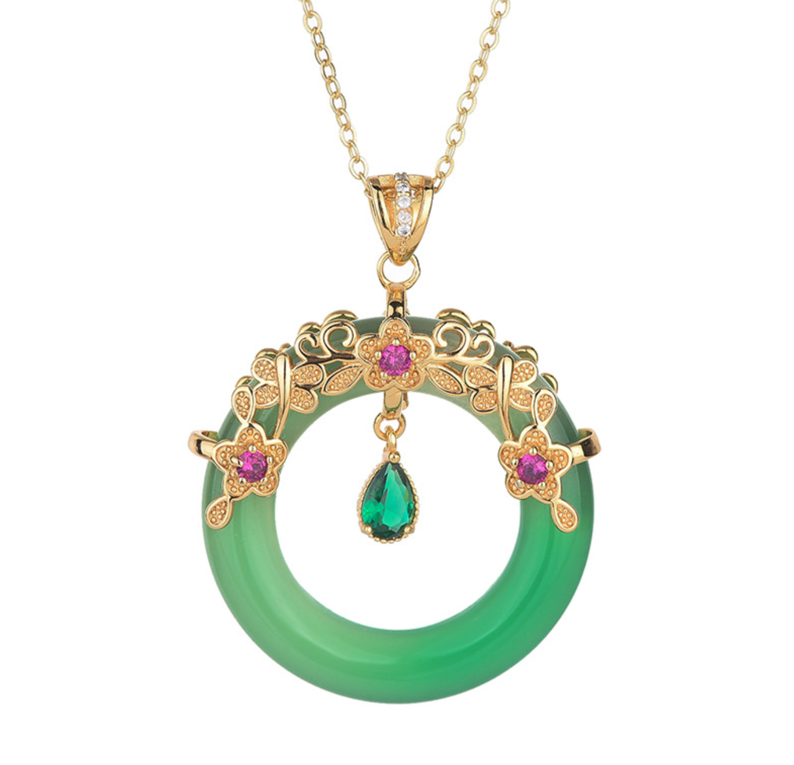 Jade Crystal Pendant Necklace Charm 18K Gold Plated Donut Ring Dainty Gemstone