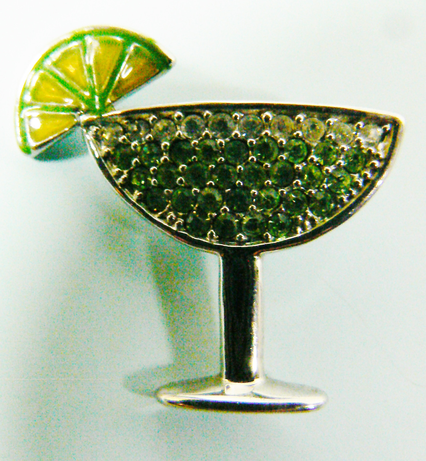 Silver Tone Metal Clear & Peridot Crystal Margarita glass & Lemon Lime Pendant
