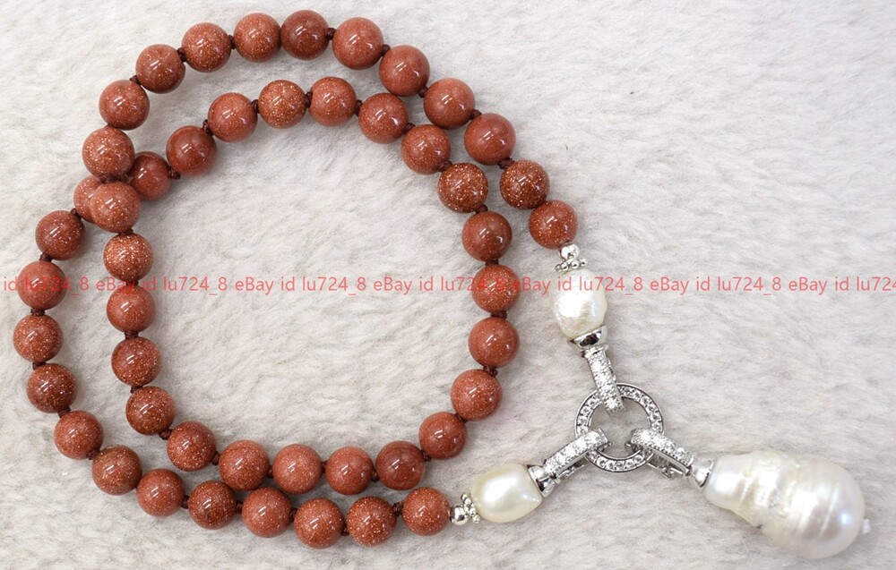 Natural Goldstone Round Gem Beads &White Keshi Baroque Pearl Pendant Necklace