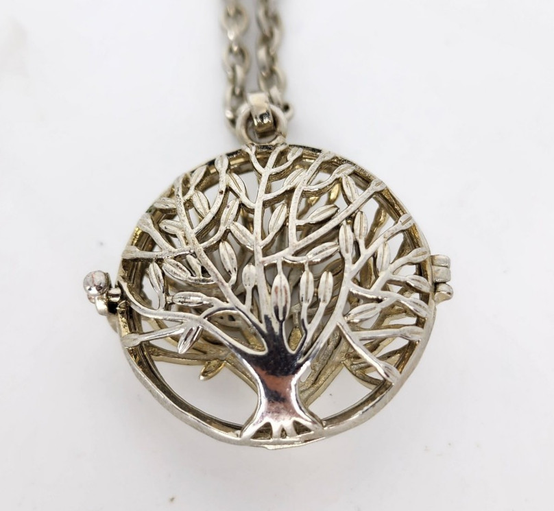 Filigree Tree of Life Locket Necklace Harmony Bell Pendant Silver Tone
