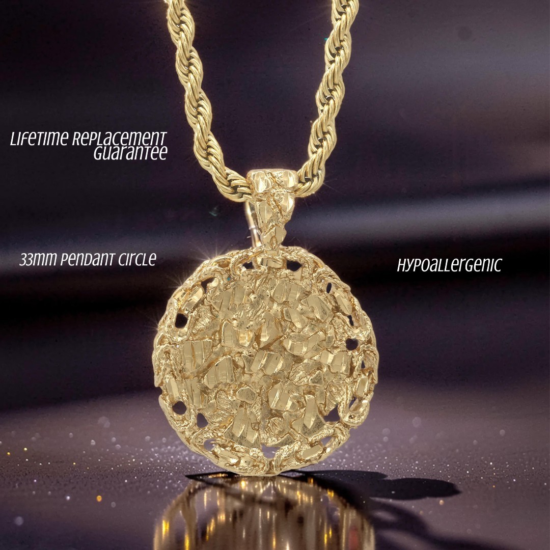 Large Gold Nugget Necklace, 5mm French Rope Chain, 14k Heavy Plated Gold
