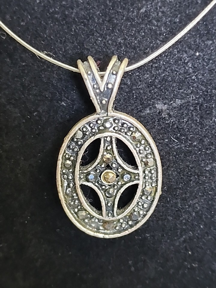 Artisan Boho Necklace Silver Tone Pendant W/ Rhinestones On Thin Metal Cord