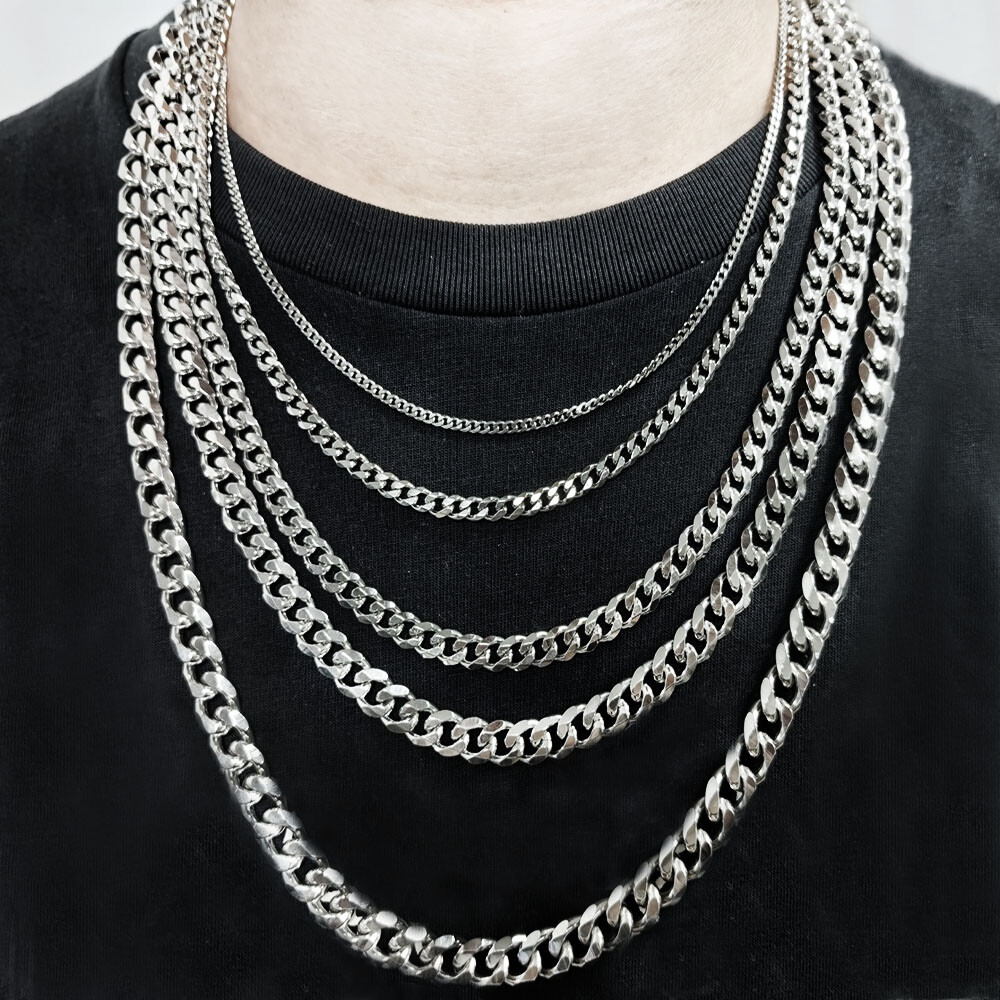 16-30″ Stainless Steel Silver Chain Cuban Curb Necklace 3/5/7/9/11mm Womens Mens