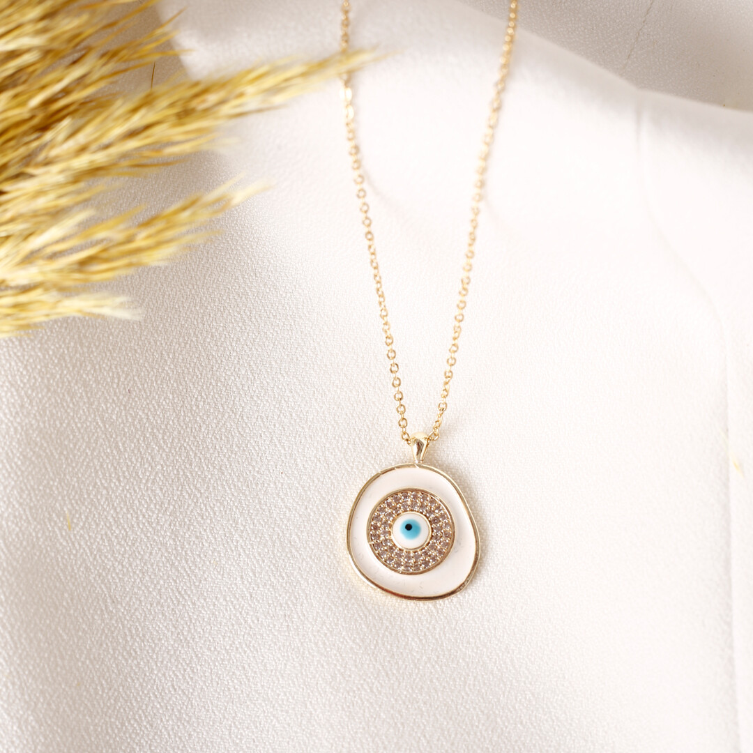 PERGEN 14K Gold-Plated White, Authentic Evil Eye Necklace Summer Minimalist Gift