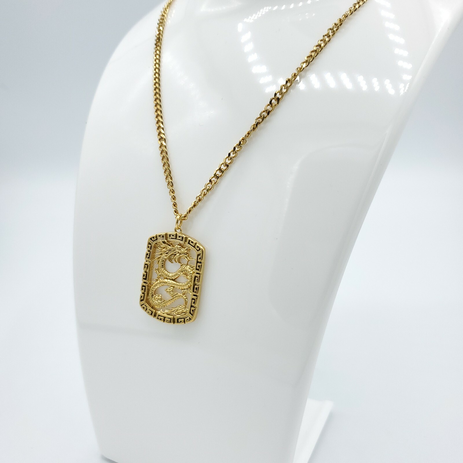 Dragon Square Pendant GOLD Plated Necklace Asian Mythology Power Strength Health