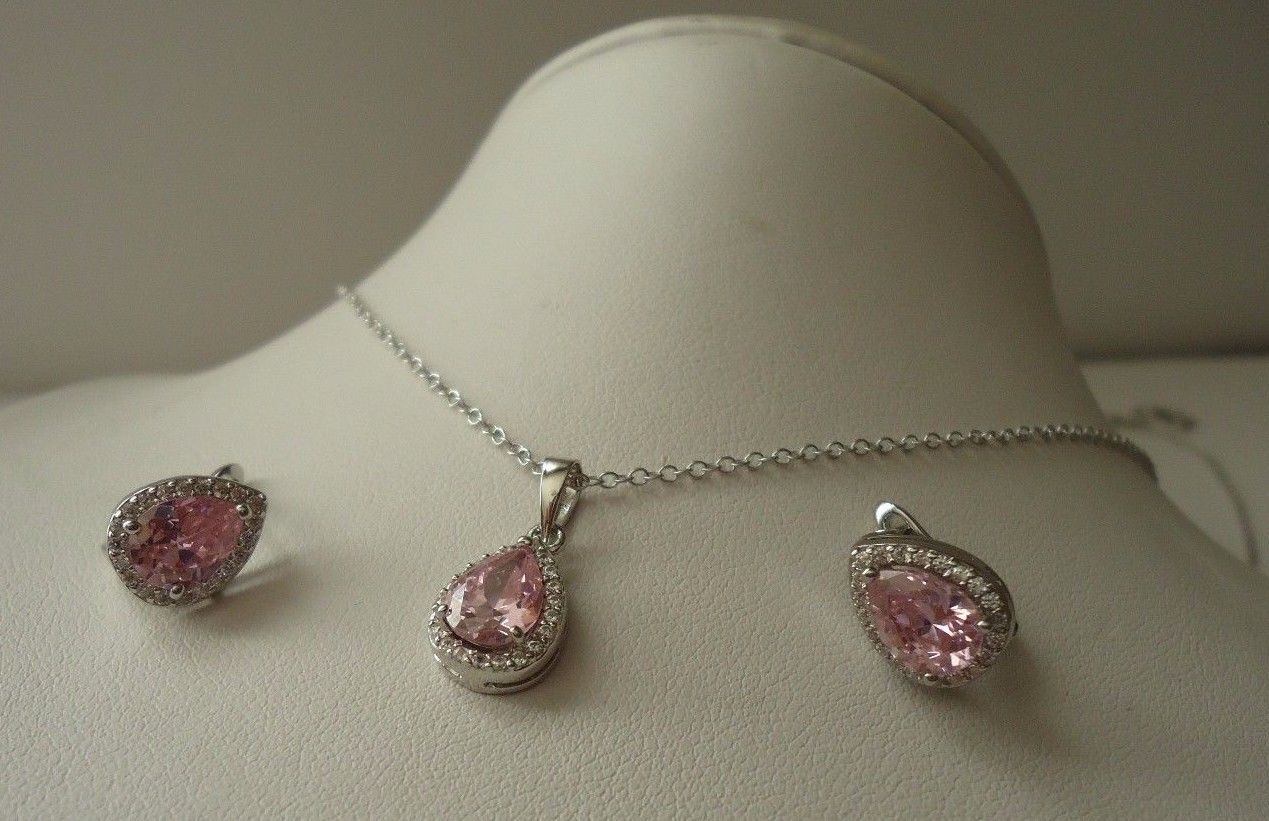7.20 CT PINK / WHITE LAB SIMULANT DIAMOND PENDANT & EARRING SET STERLING SILVER