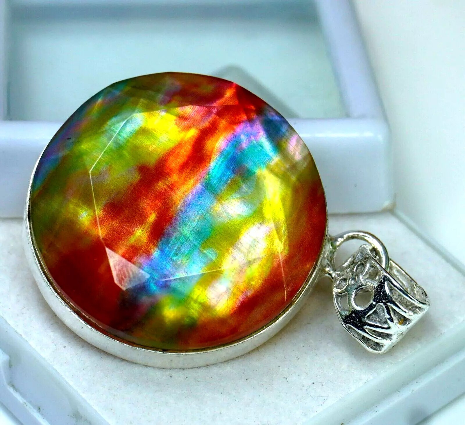 Ammolite Natural 92.56 Ct 925 Solid Silver Pendant Round Cut Loose Gemstone