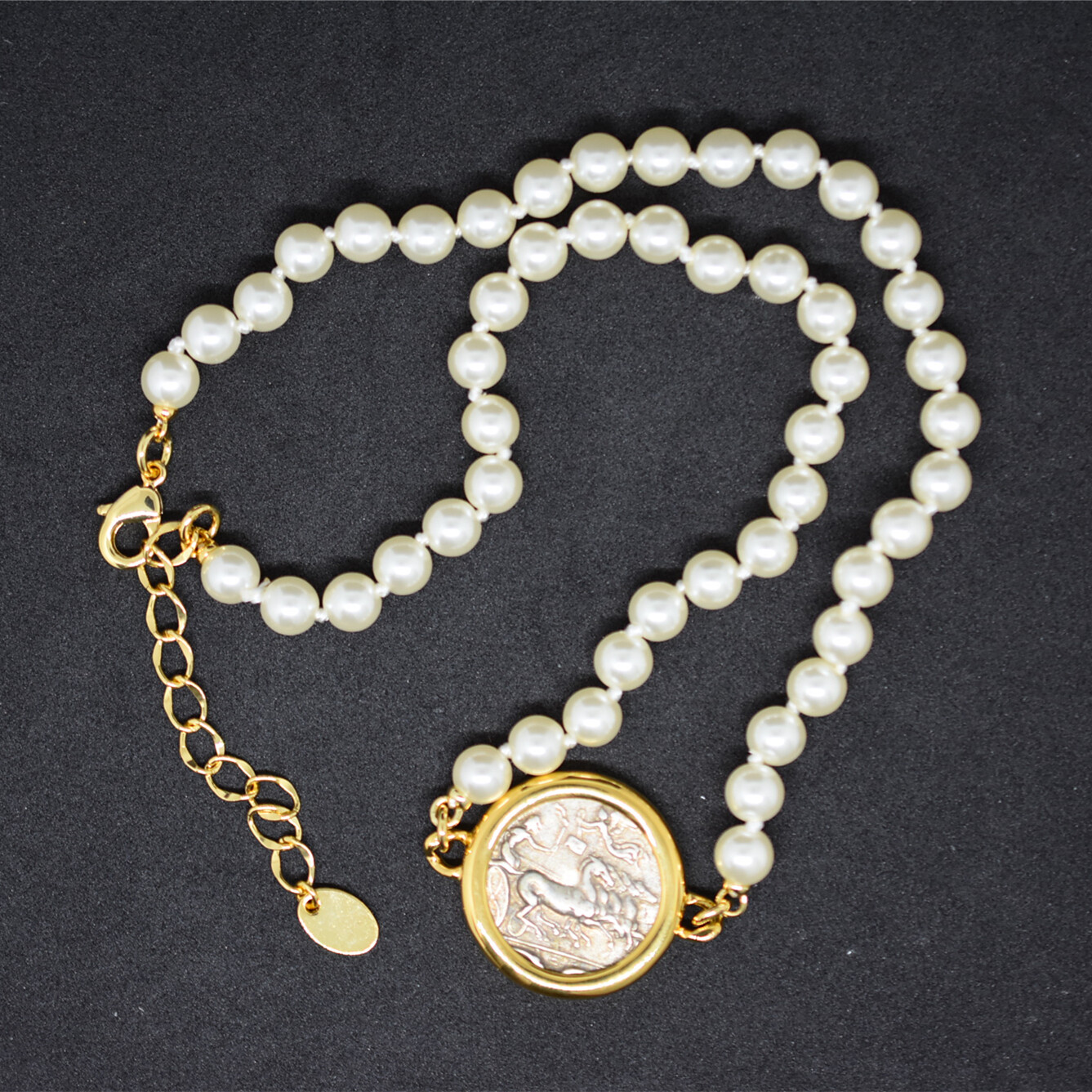 Retro Coins Ancient Roman Hunting Carriage/Ocean Goddess 2sided Pearl Necklace