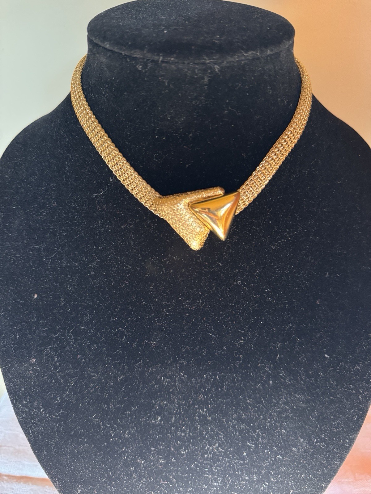 Gold Tone Metal Mesh Chain Choker Necklace with Triangle Front Detail