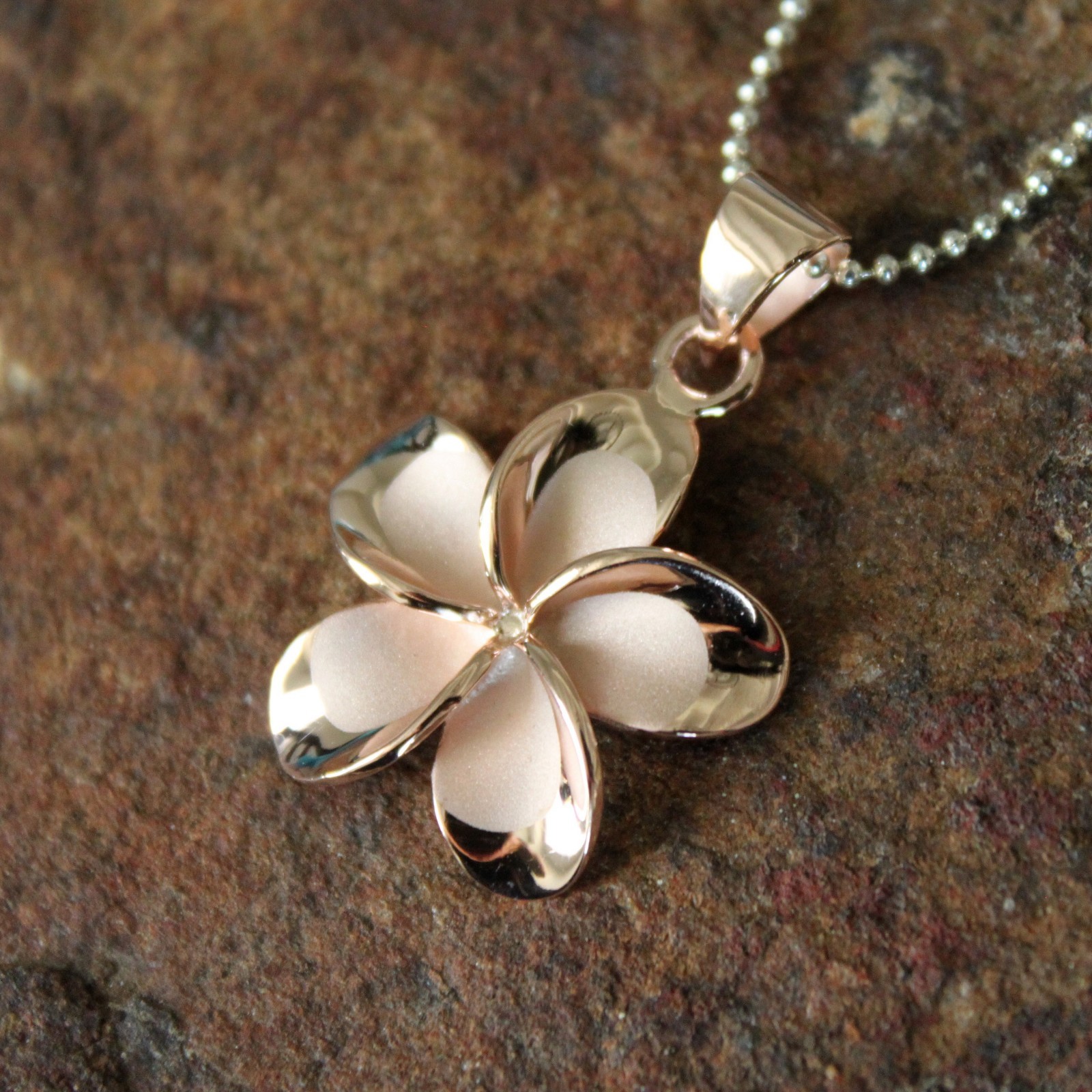 22mm Large Rose Gold Plumeria Hawaiian Flower Silver Pendant Necklace SP66069