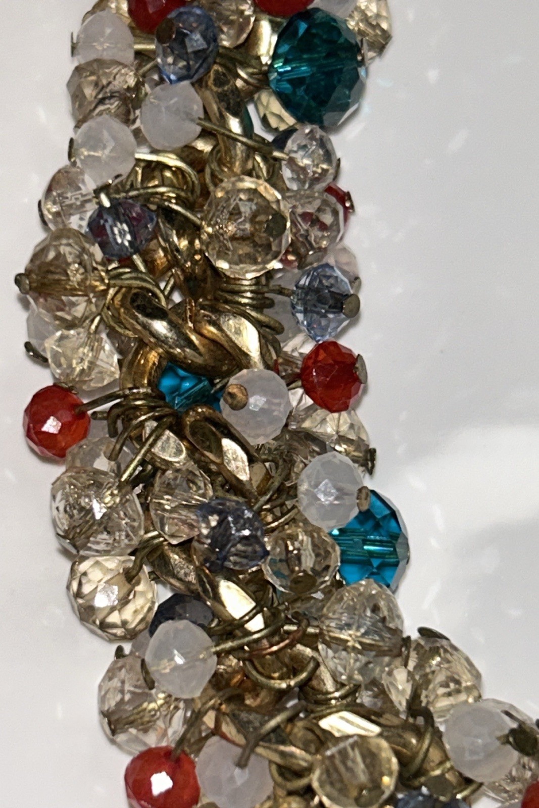 ZARA Gold Tone Chain Statement Necklace Cluster Beads, Blue, Red, Bronze 17-20”
