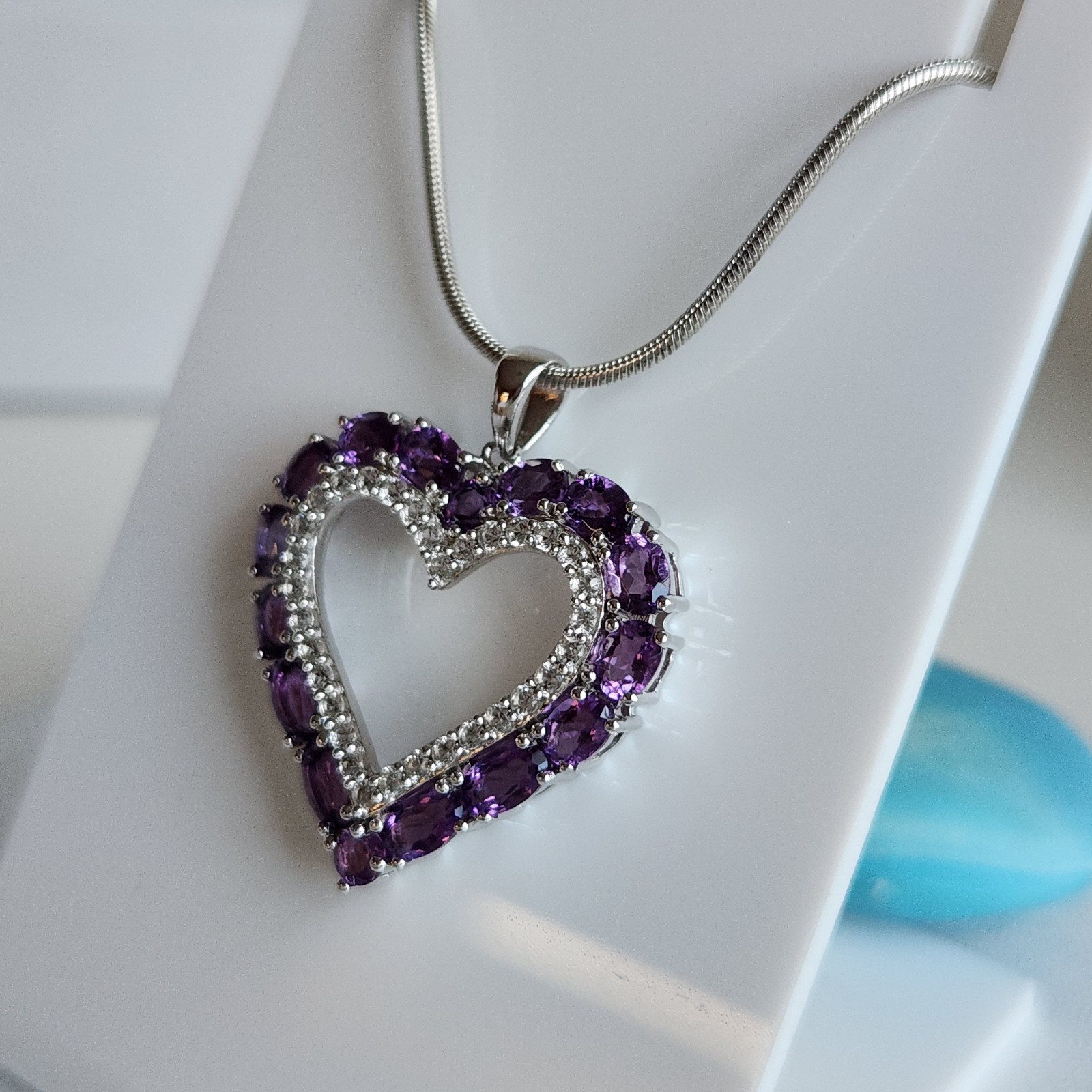 Heart Pendant 3 Ct Natural Amethyst and Mined Diamonds 925 Sterling Silver