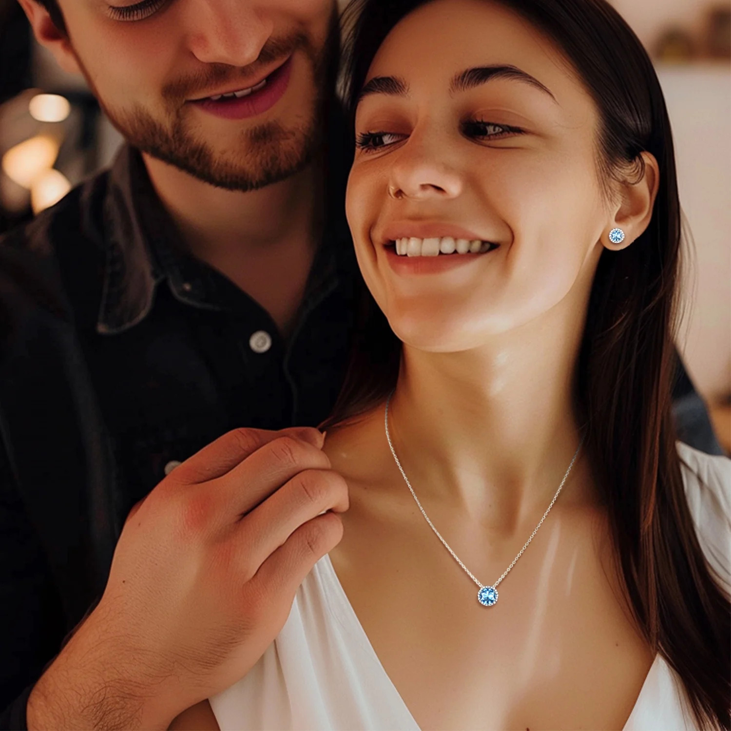 Birthstone Necklace for Women Pure 925 Sterling Silver Necklaces March round Blu
