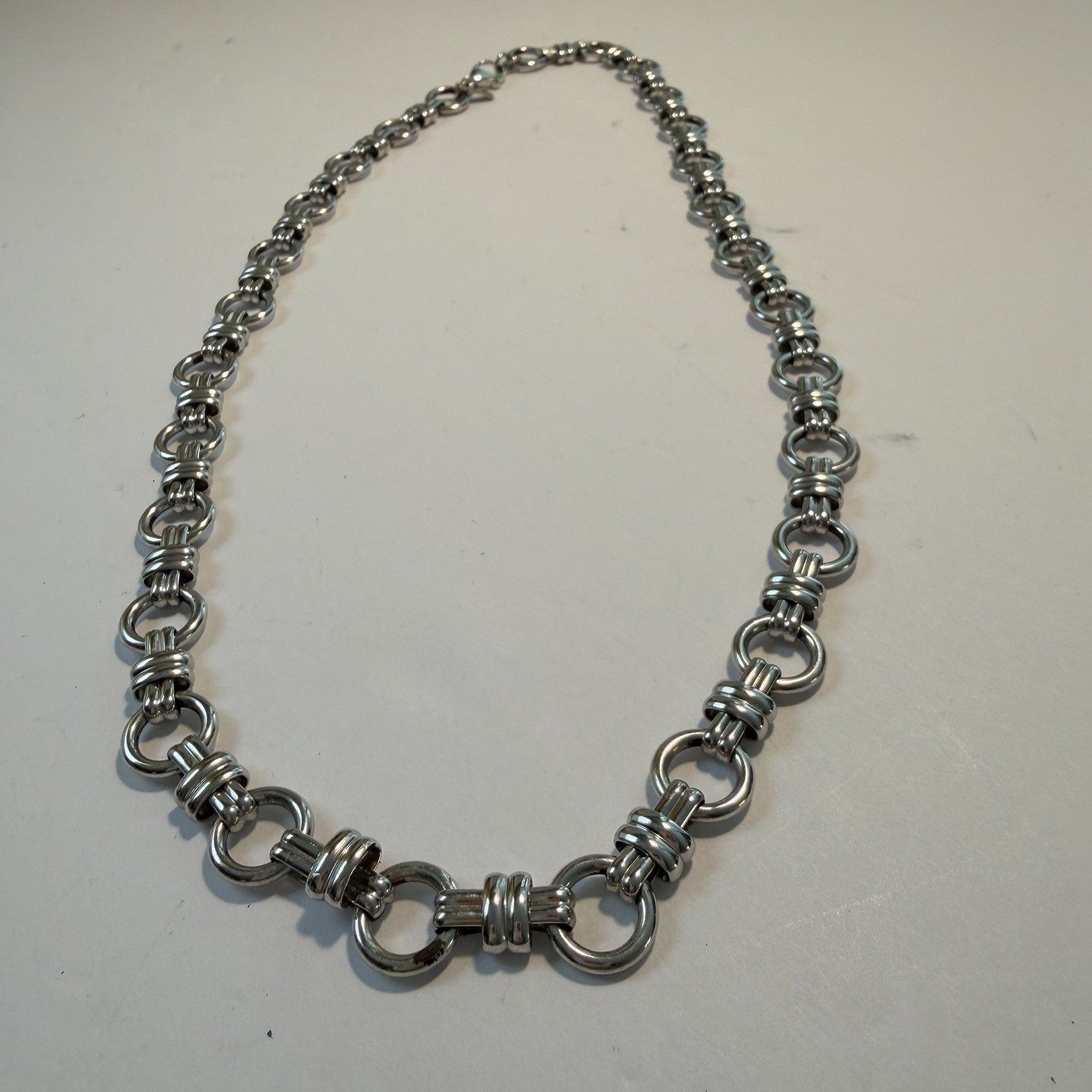 Vintage MONET Silver Tone Geometric Link Necklace Heavy ModernistRound Bar Chain