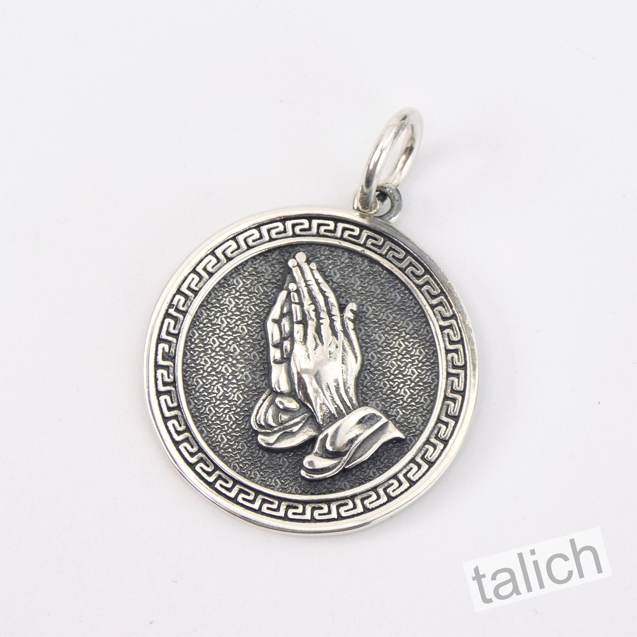 Shiny 925 Sterling Silver Praying Hands 27mm Round Amulet Pendant Faith Gift