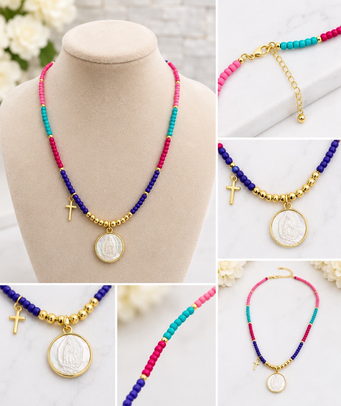 Multicolor Beaded Ball/Bead Chain Necklace, Cross Charm Pendant, Lobster