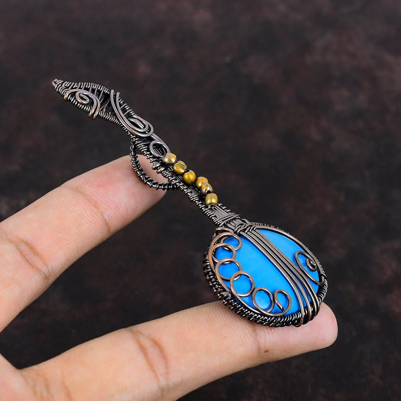 Sleeping Beauty Turquoise Copper Mum Gift Wire Wrapped Guitar Pendant 3.35″