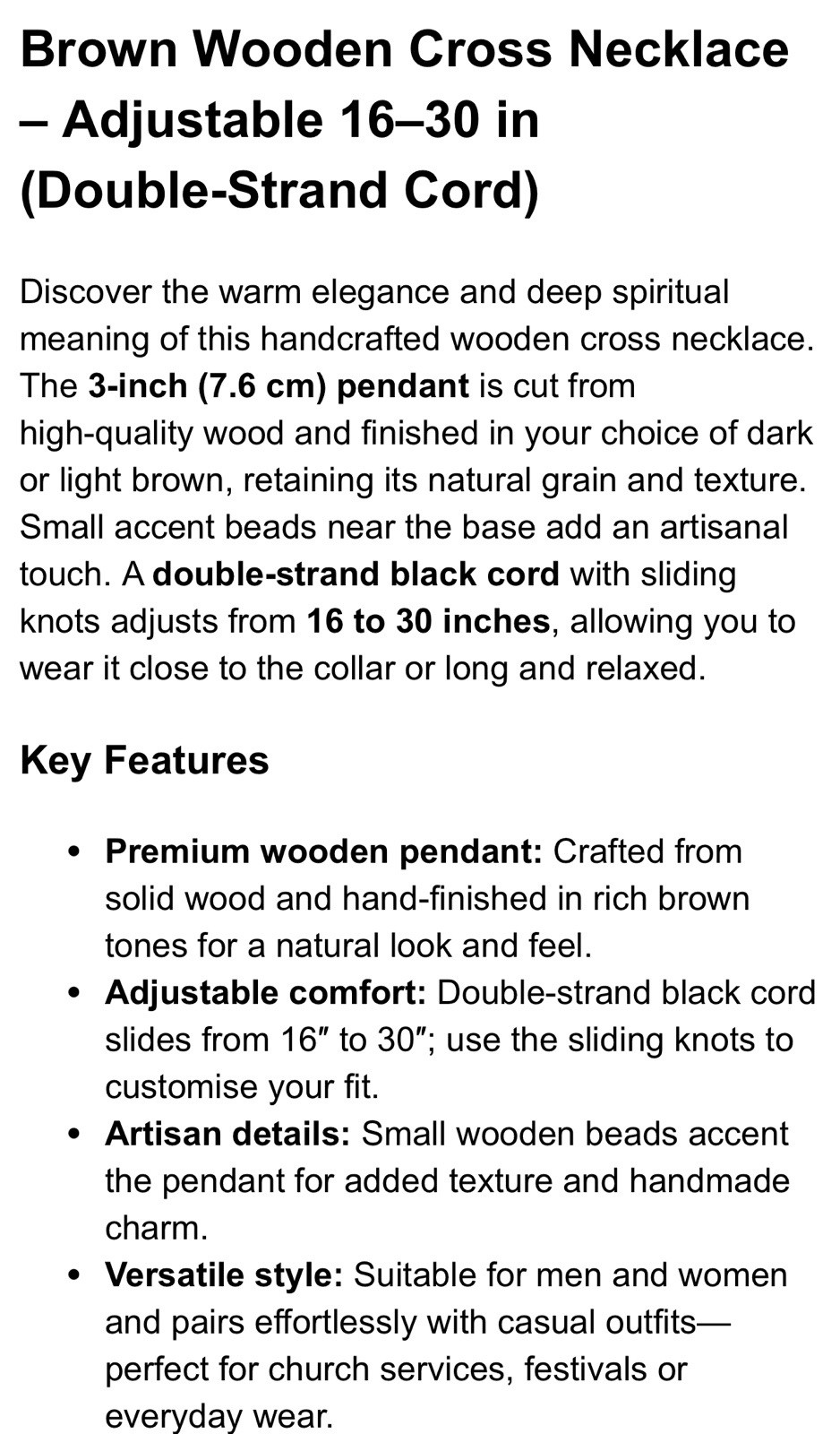 Wooden Cross Necklace 3in Brown Pendant Adjustable 16‑30in Sliding Knots Unisex