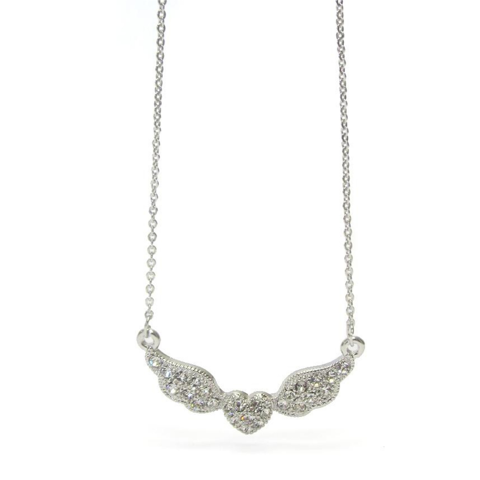 Crystal Heart and Wings Pendant Necklace White Gold