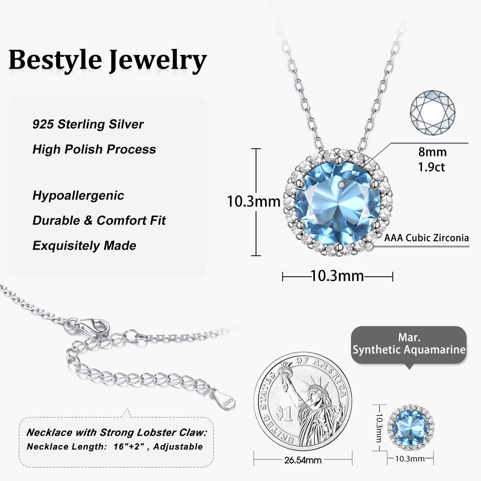 Birthstone Necklace for Women Pure 925 Sterling Silver Necklaces March round Blu